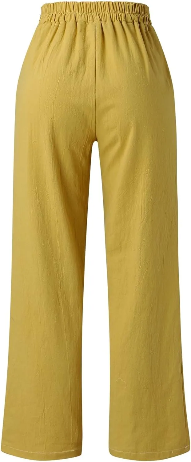 Women's Wide Leg Pants Cotton Linen Casual Summer Dress High Waisted Palazzo Pants Baggy Long Trousers with Pockets