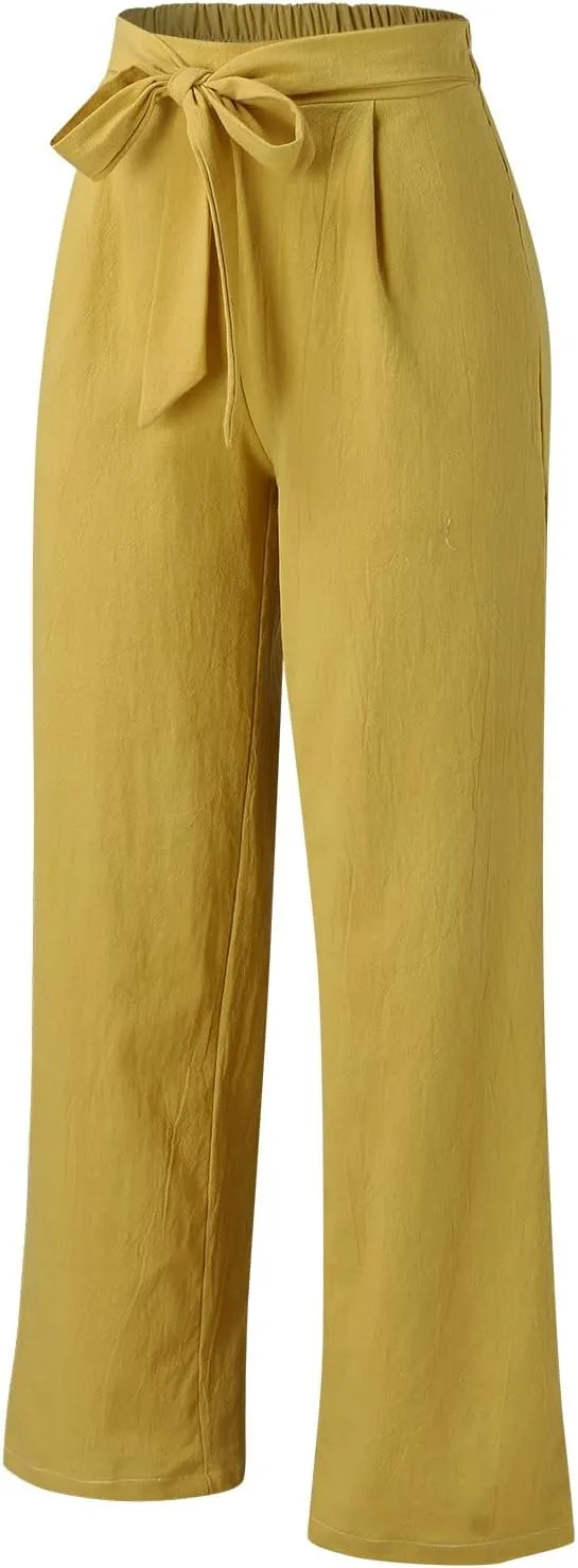 Women's Wide Leg Pants Cotton Linen Casual Summer Dress High Waisted Palazzo Pants Baggy Long Trousers with Pockets