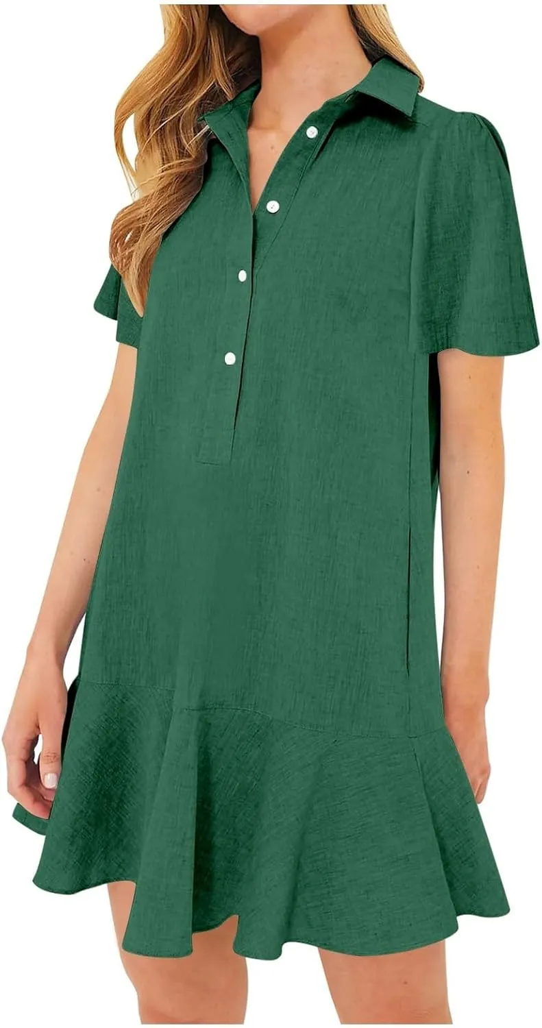 Work Dresses for Women 2025 Button Down Shirt Dress Short Sleeve Cotton Linen Ruffle Shift Mini Dresses