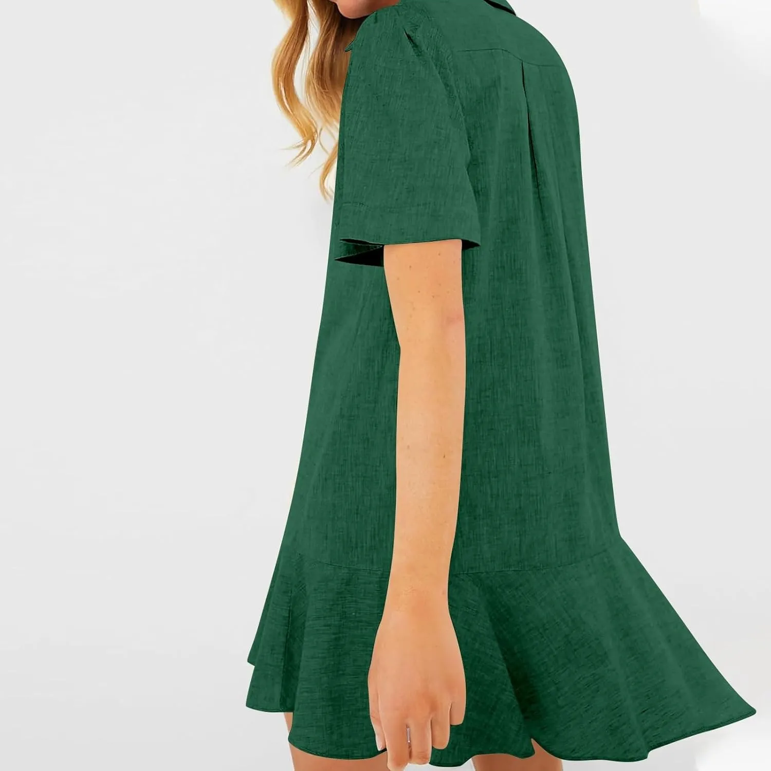 Work Dresses for Women 2025 Button Down Shirt Dress Short Sleeve Cotton Linen Ruffle Shift Mini Dresses