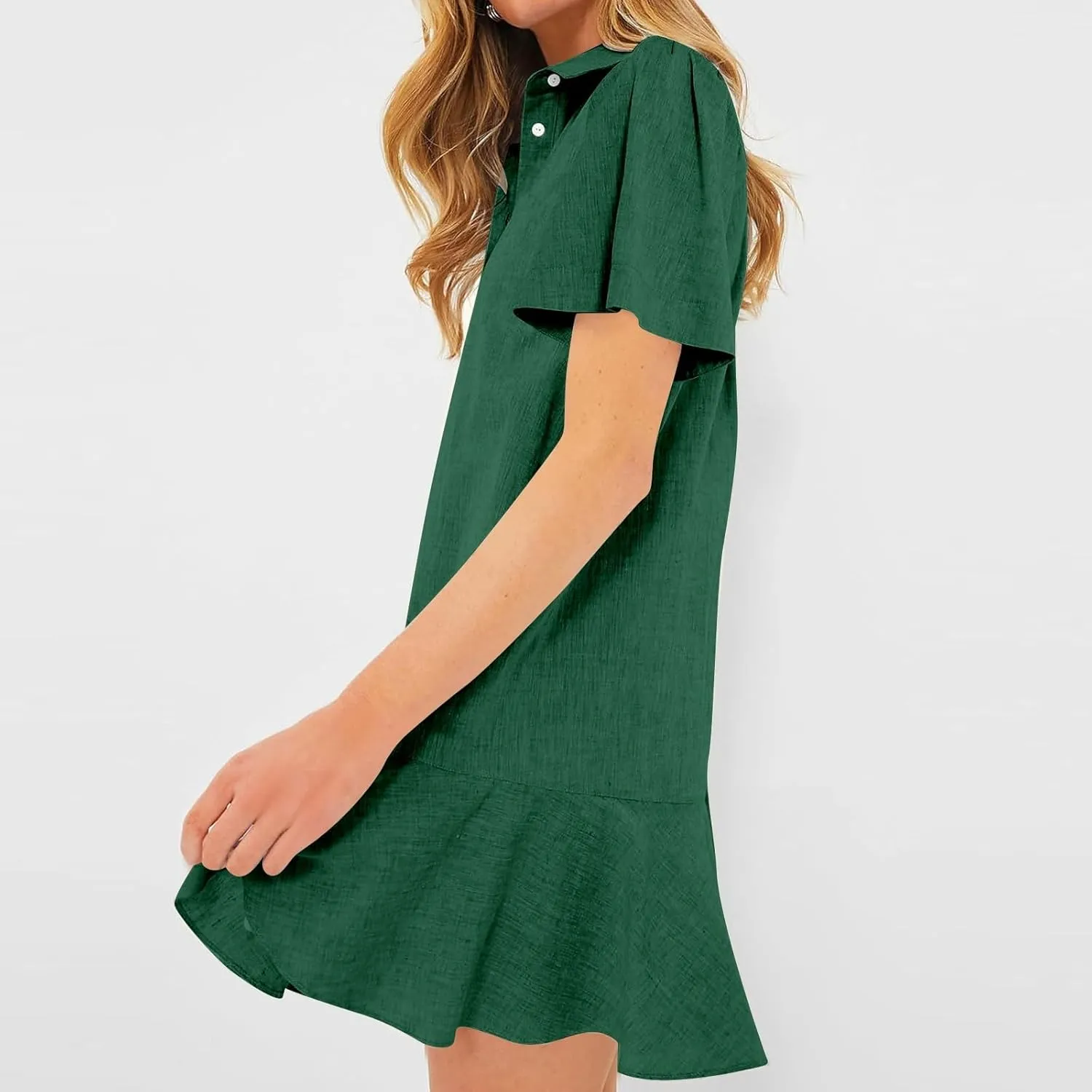 Work Dresses for Women 2025 Button Down Shirt Dress Short Sleeve Cotton Linen Ruffle Shift Mini Dresses