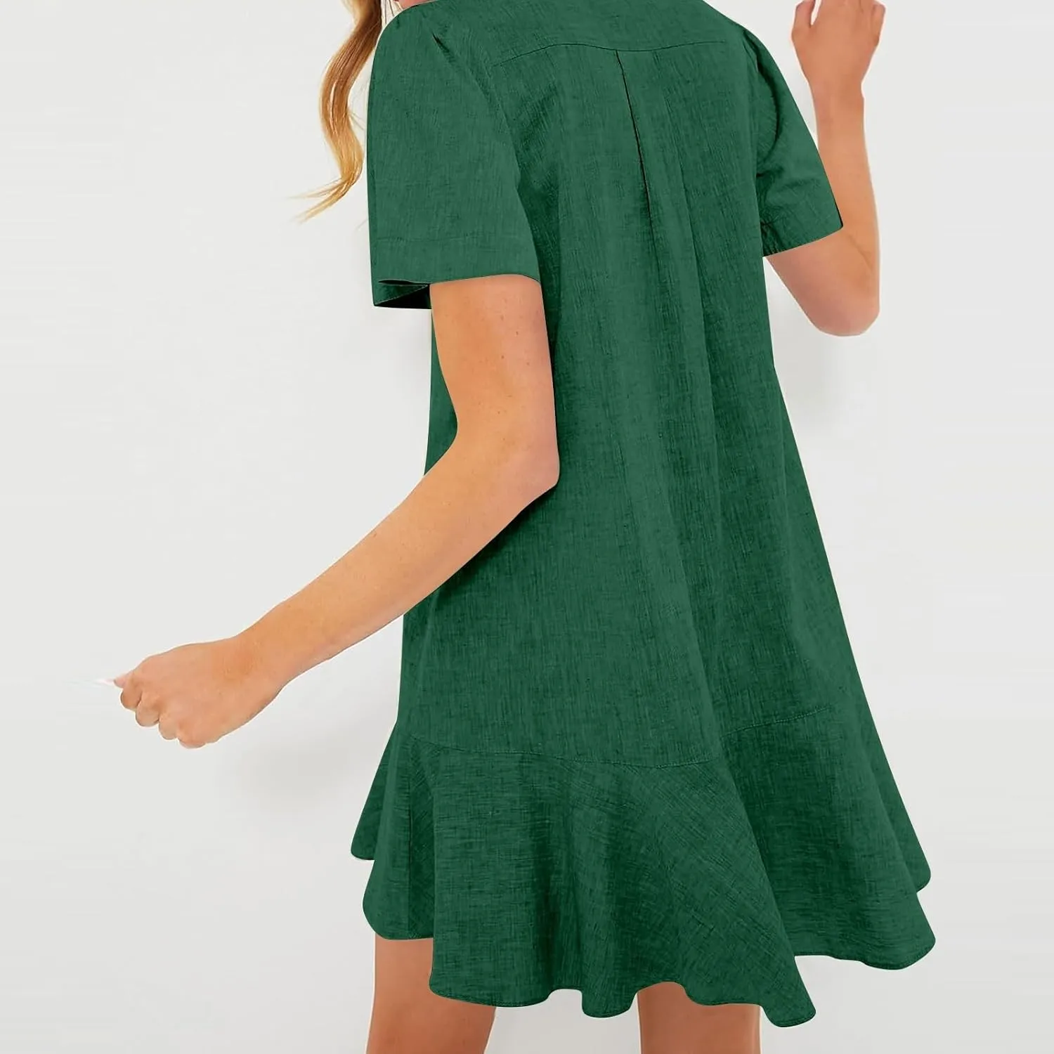 Work Dresses for Women 2025 Button Down Shirt Dress Short Sleeve Cotton Linen Ruffle Shift Mini Dresses