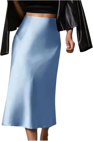 Xiaojmake Satin Skirts for Women Trendy High Waisted Waistband Flared Casual A Line Midi Skirt Zipper Elegant Work Skirts