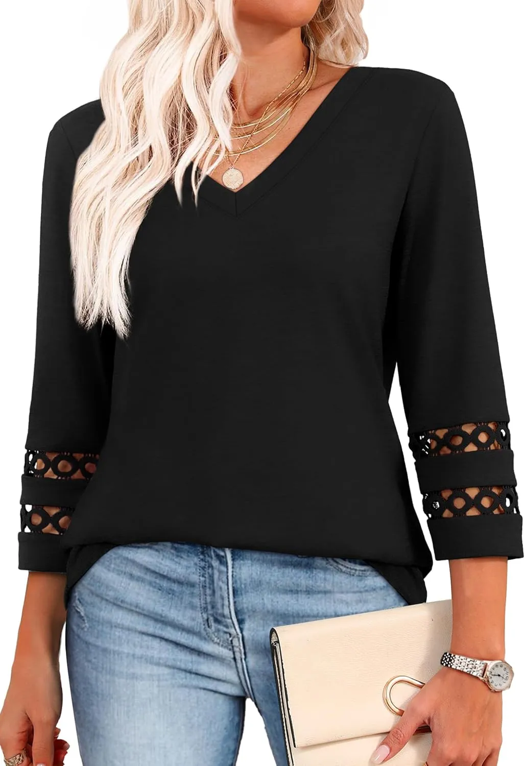 XIEERDUO 3/4 Length Sleeve Womens Tops Dressy Casual Blouses for Women 2025 Trendy V Neck T Shirts Summer Clothes