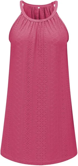 XOWRTE Summer Dresses for Women 2025 Casual Fashion Plain/Eyelet Halter Neck A-line Sundresses for Beach Vacation Mini Dress