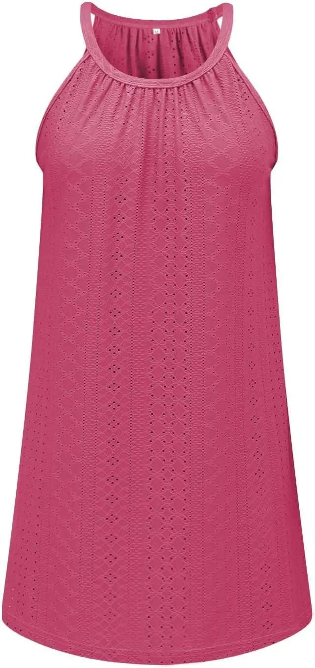 XOWRTE Summer Dresses for Women 2025 Casual Fashion Plain/Eyelet Halter Neck A-line Sundresses for Beach Vacation Mini Dress