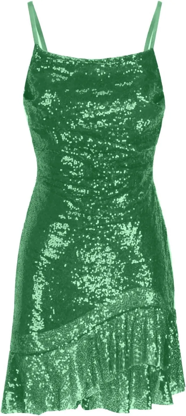 yardsong Party Dresses for Women 2025 Sexy Glitter Sequin Spaghetti Strap Dress Sparkle Ruffle Hem Party Club Mini Dresses