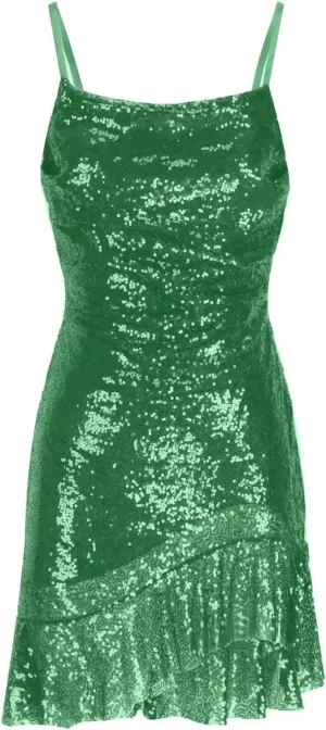 yardsong Party Dresses for Women 2025 Sexy Glitter Sequin Spaghetti Strap Dress Sparkle Ruffle Hem Party Club Mini Dresses