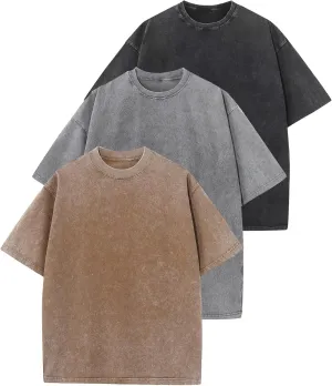 Yimoon 3 Pack Men Oversized T Shirts Heavy Cotton Vintage Baggy Tee Casual Loose Short Sleeve Acid Wash Unisex Tops(Blackgreykhaki-XL), X-Large