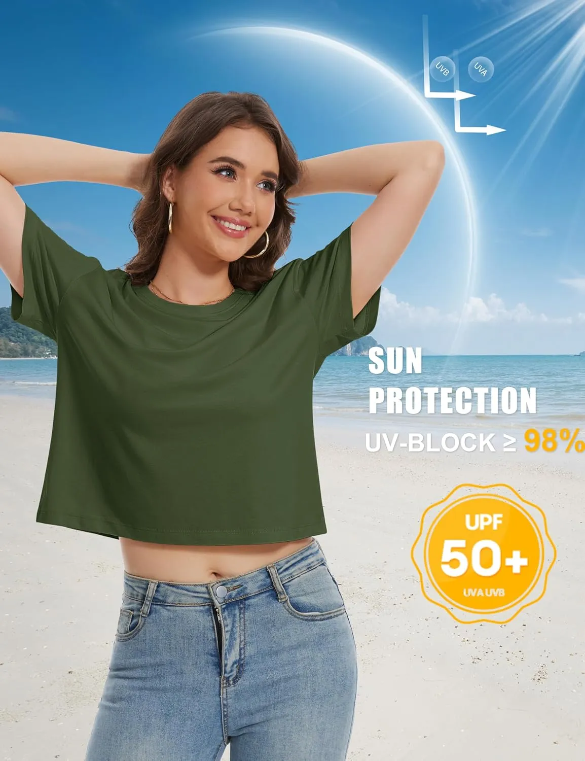 YUCOLEN Women's Crop Tops Summer Short Sleeve Cotton UPF 50  Round Neck Casual Loose Cropped T-Shirts Solid Basic Tees