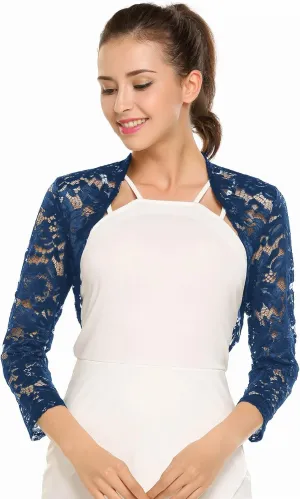 Zeagoo Women's 3/4 Sleeve Bolero Shrugs for Dresses Crochet Lace Open Front Cropped Cardigan
