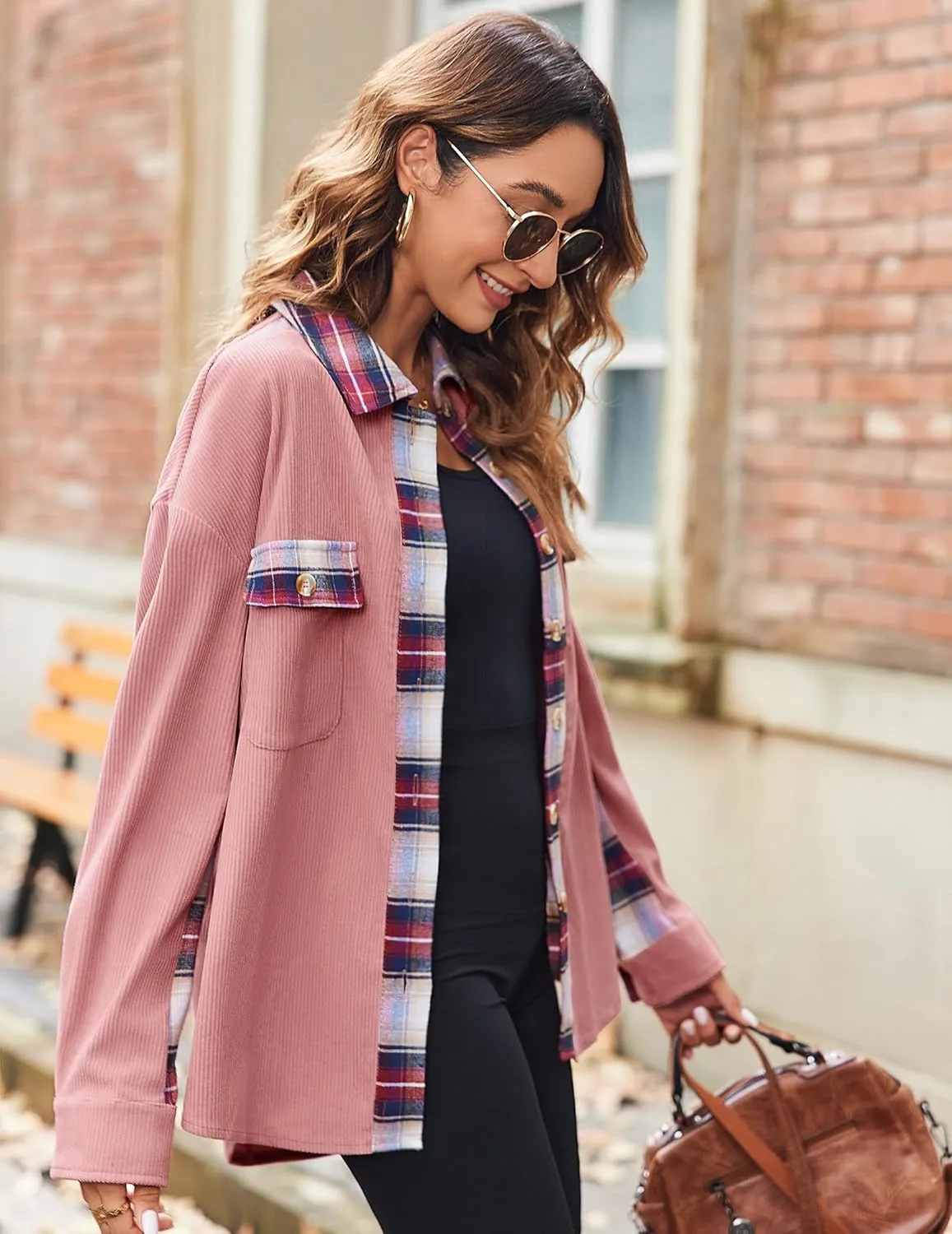 Zeagoo Womens Corduroy Flannel Shacket Jacket Casual Plaid Button Down Shirts Long Sleeve Fall Tops with Pockets