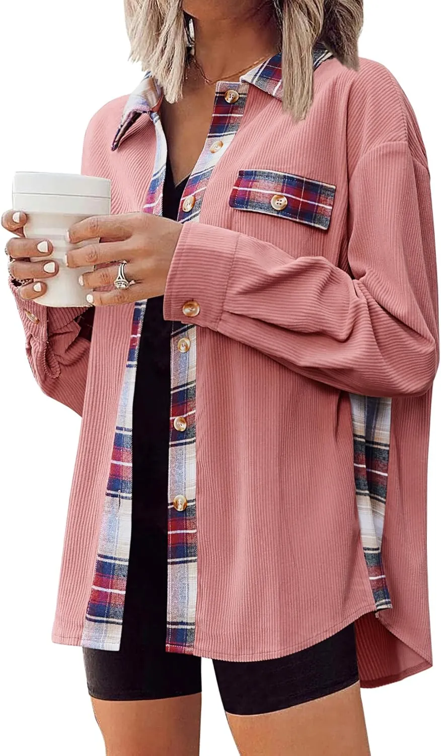 Zeagoo Womens Corduroy Flannel Shacket Jacket Casual Plaid Button Down Shirts Long Sleeve Fall Tops with Pockets