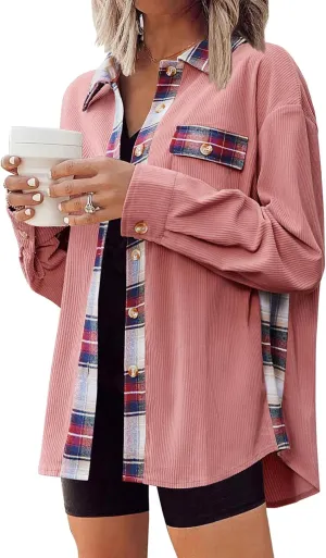 Zeagoo Womens Corduroy Flannel Shacket Jacket Casual Plaid Button Down Shirts Long Sleeve Fall Tops with Pockets