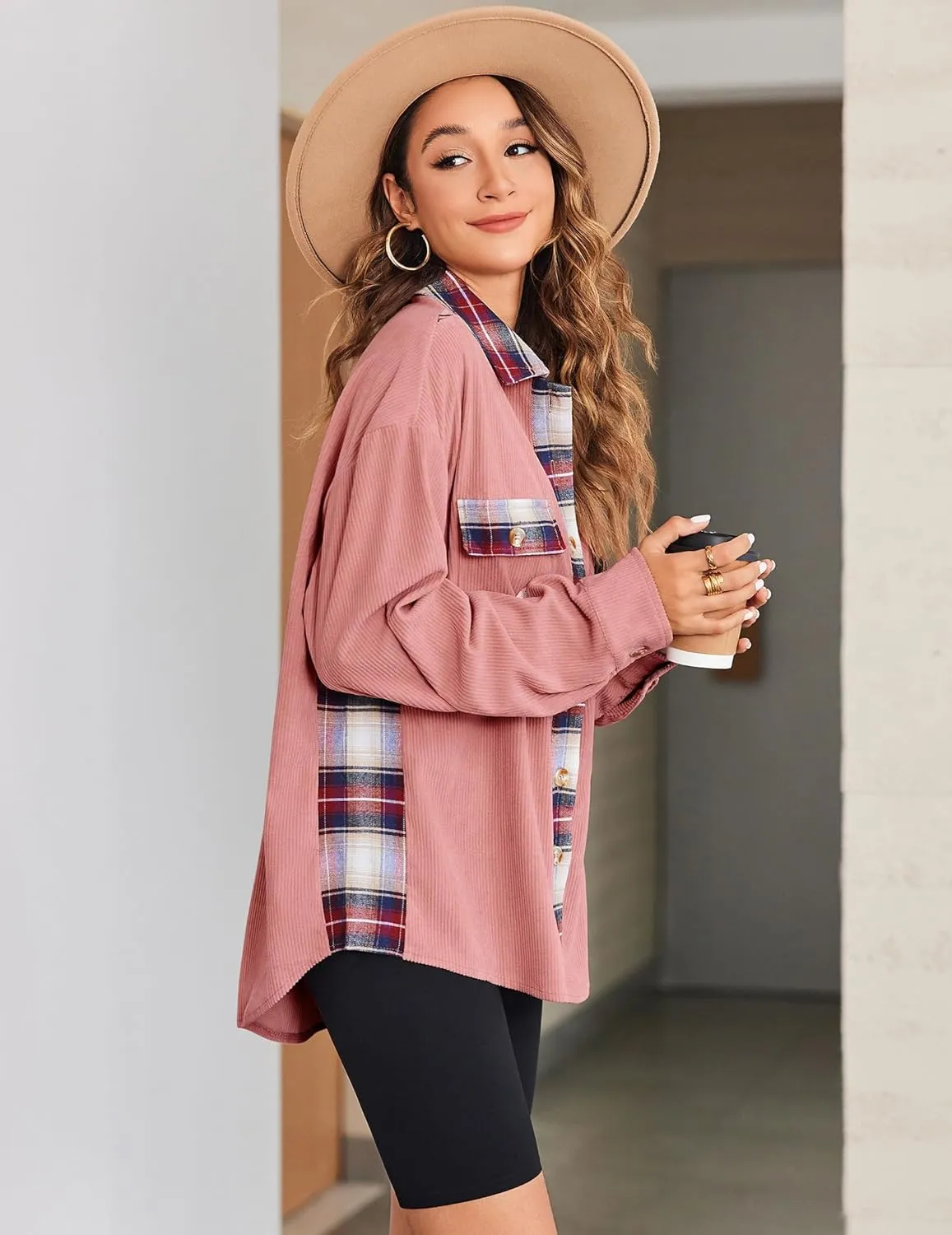 Zeagoo Womens Corduroy Flannel Shacket Jacket Casual Plaid Button Down Shirts Long Sleeve Fall Tops with Pockets
