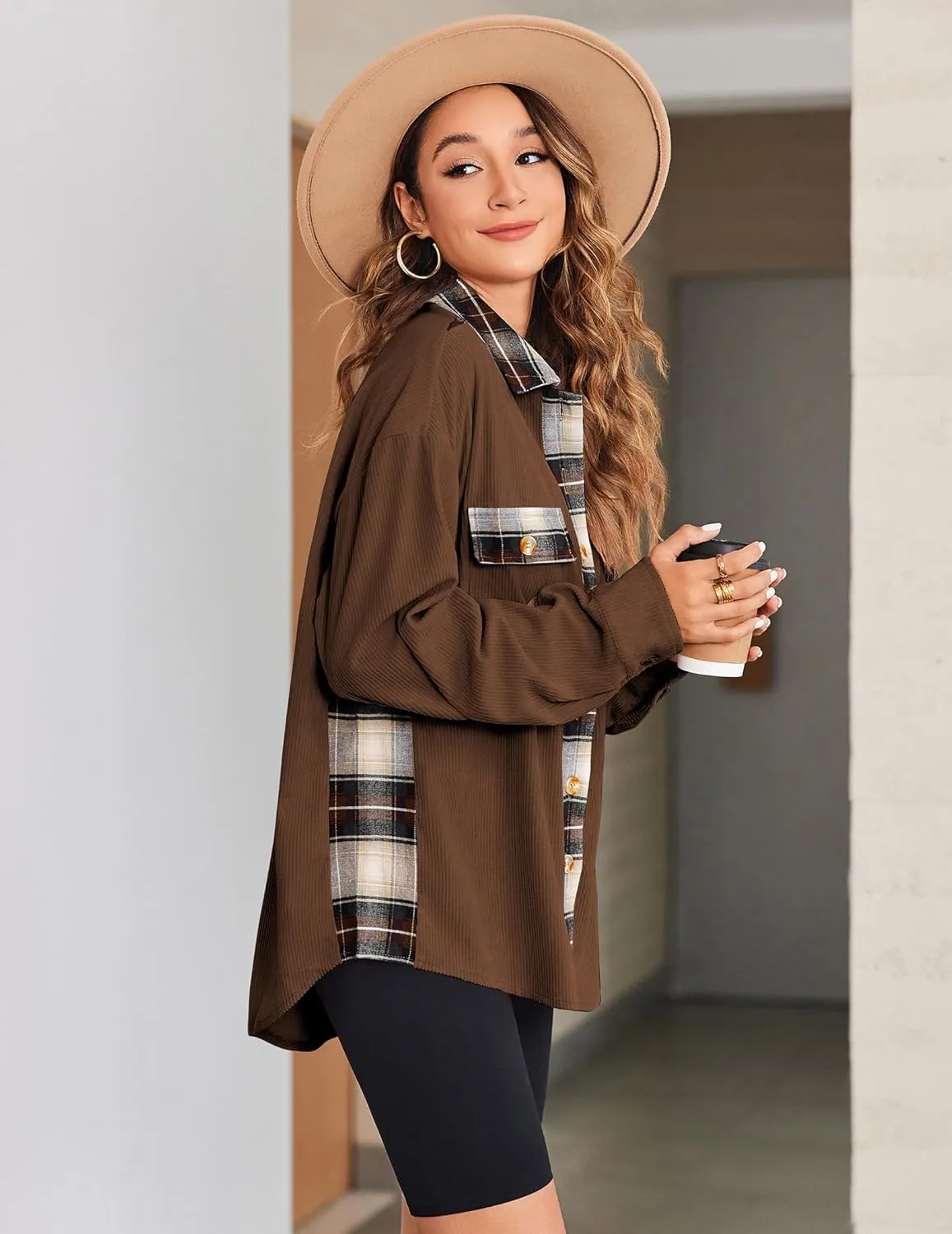 Zeagoo Womens Corduroy Flannel Shacket Jacket Casual Plaid Button Down Shirts Long Sleeve Fall Tops with Pockets
