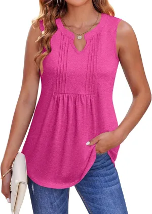 Zeagoo Womens Summer Tank Tops Pleated V Neck Floral Solid Loose Fit Tops Casual Flowy Sleeveless Tunic Shirts 2025 Clothes