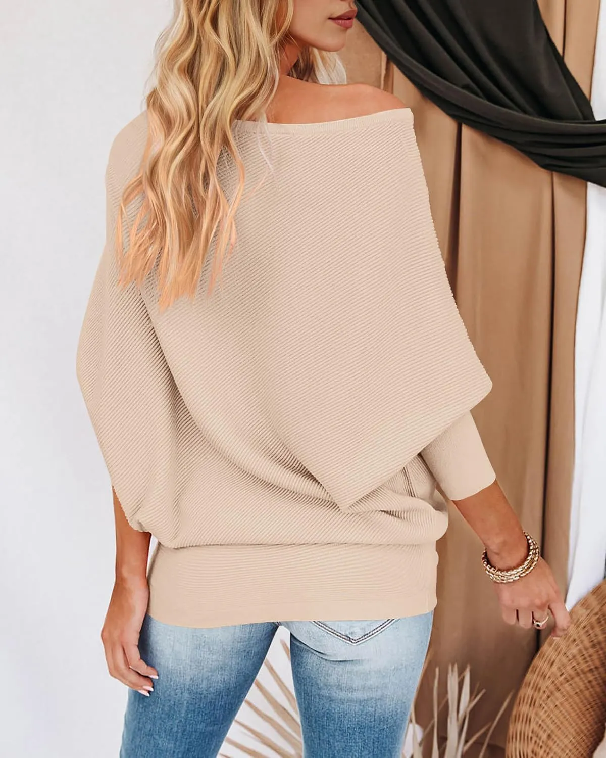 Zenlonr Women's Fall Sweaters 2025 Casual Long Batwing Sleeve Loose Off Shoulder Knit Pullovers Jumper Tops