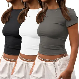 ZHENWEI Crop Workout Tops for Women Pack Summer Short Sleeve Gym Athletic Compression Shirts Cute Tight Basic Tops Tee