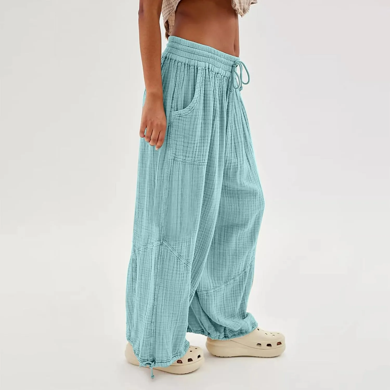 ZYXTIM Boho Pants for Women 2024 Plus Size Summer Wide Leg Smocked High Waisted Long Lounge Trousers Linen Palazzo Pants