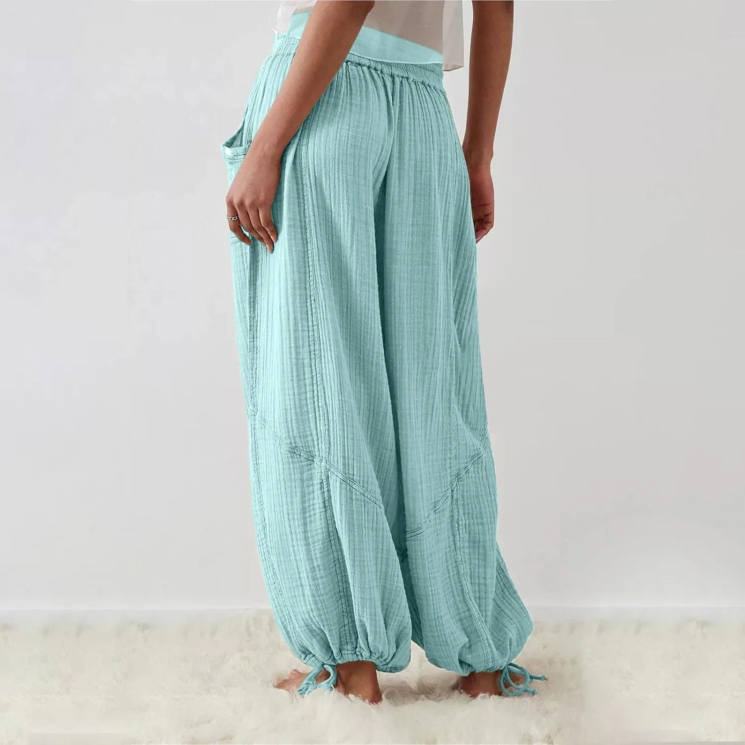 ZYXTIM Boho Pants for Women 2024 Plus Size Summer Wide Leg Smocked High Waisted Long Lounge Trousers Linen Palazzo Pants
