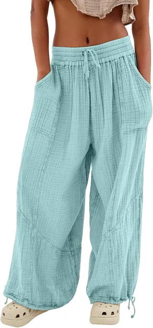 ZYXTIM Boho Pants for Women 2024 Plus Size Summer Wide Leg Smocked High Waisted Long Lounge Trousers Linen Palazzo Pants
