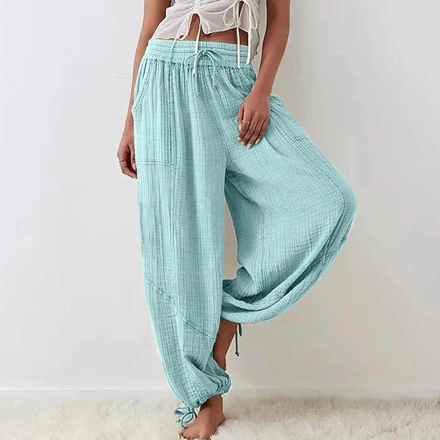 ZYXTIM Boho Pants for Women 2024 Plus Size Summer Wide Leg Smocked High Waisted Long Lounge Trousers Linen Palazzo Pants